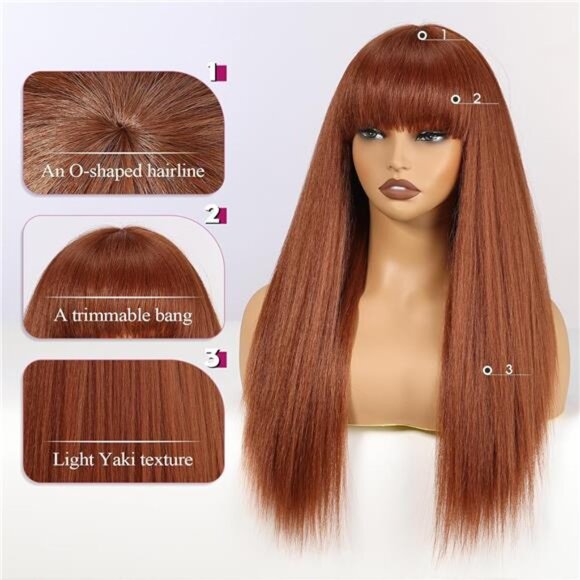 Long Straight Yaki Wigs for Women with Bangs Comfortable Elastic Band 26 - Picture 4 of 7